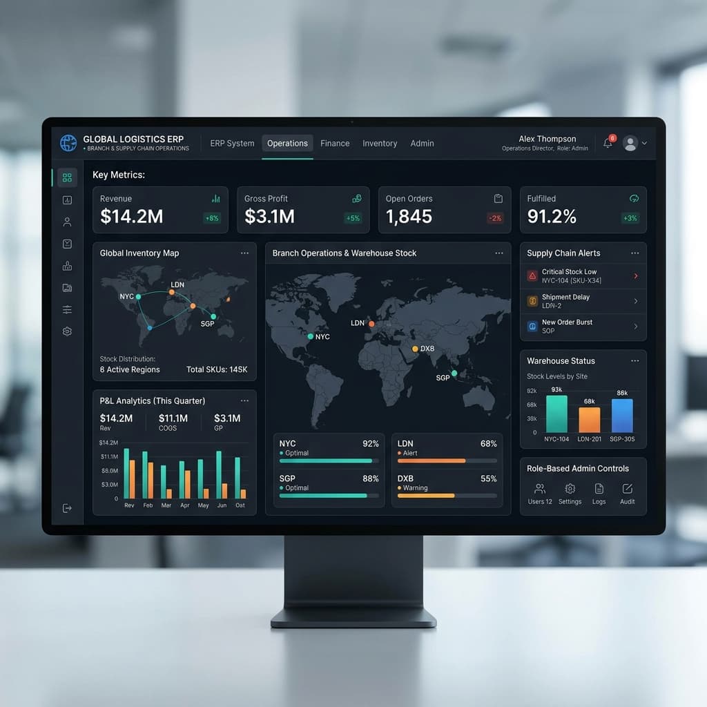 Enterprise ERP operations dashboard, multi-branch inventory tracking and financial reporting interface